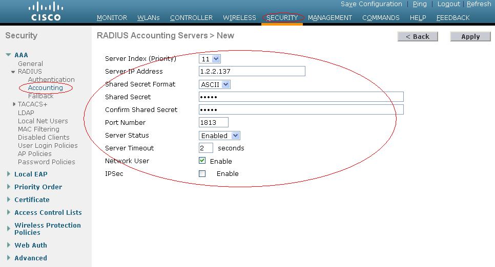 Figure 59 Configuring the accounting server 4. Click Apply.