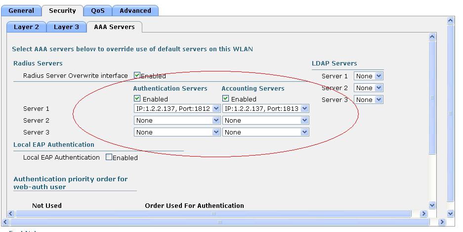 Select Enabled for Authentication Servers and select IP:1.2.2.137, Port:1812 from the Server 1 list.