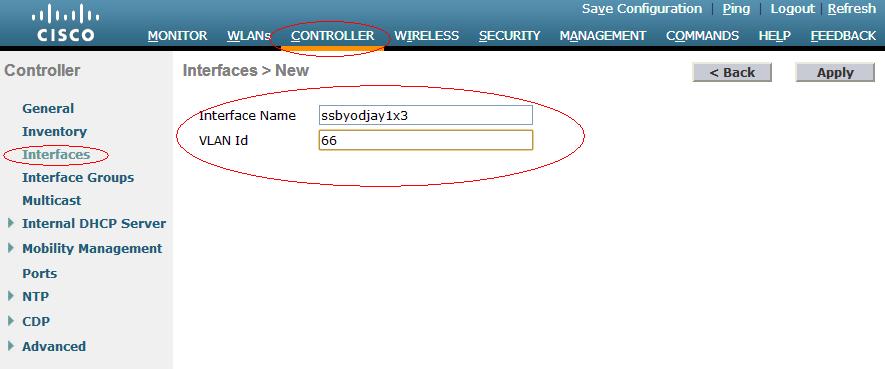 BYOD configuration templates deployed. Configuring a public VLAN 1. Click the CONTROLLER tab. 2. From the navigation tree, select Interfaces. 3.