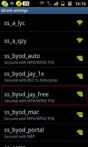 Figure 73 Finding SSID ss_byod_jay_free on an Android device 2.