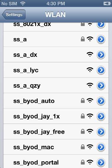Figure 86 Finding SSID ss_byod_jay_free on an ios device 2.