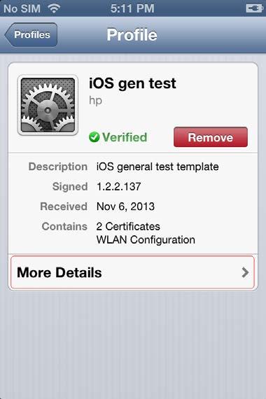 10. Click the profile named ios gen test. The Profile page opens, as shown in Figure 93. It displays basic information about the profile. Figure 93 Viewing the profile information 11.