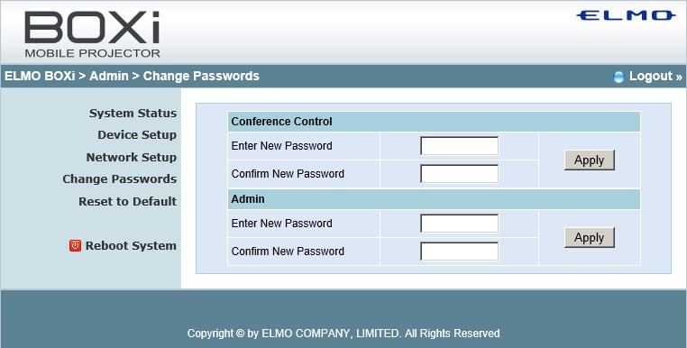 Passwords for System Admin and Conference Control can be changed on the screen below.