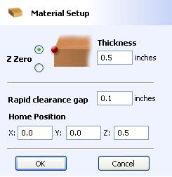 Select the Material Setup icon and specify, Thickness = 0.5 Rapid Clearance Gap = 0.