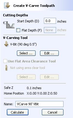 16. Double click the Left mouse button on the first toolpath in the list VCarve 90 VBit and the toolpath form will be opened ready for editing.