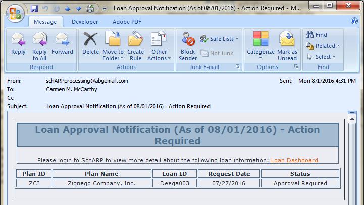 Loan Emails Loan Approval Notification email: Sent when a participant in the plan has requested a loan and your plan is set up to approve loans before