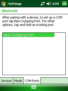 12. Tap COM Ports > New Outgoing Port. Select the FireFlyBP device and press Next. Set the COM port number (make a note of it!