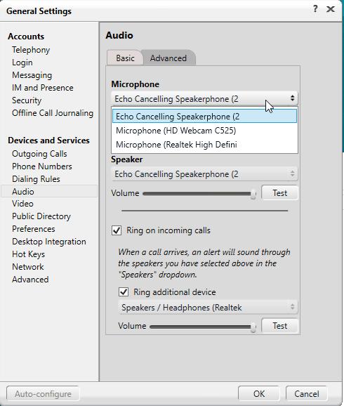 Under the Basic tab of the Audio settings, select the device Echo Cancelling Speakerphone