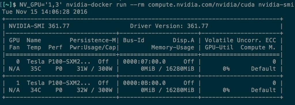 NVIDIA-DOCKER To use GPU, use once when launch container Enables NVIDIA GPU use from containers nvidia-docker run --rm nvidia/caffe nvidia-smi
