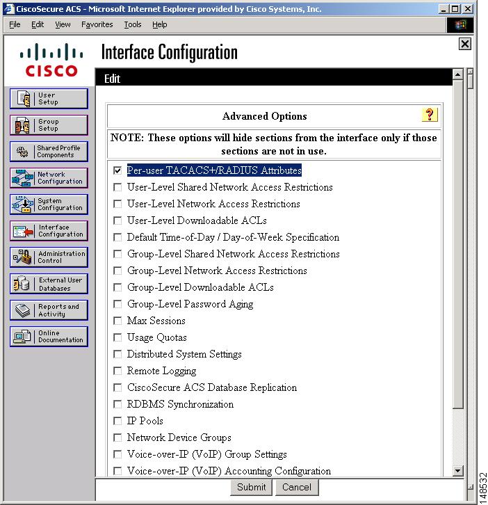 Chapter 4 Configuring a TACACS+ Server for Use with the GSS Figure 4-7 Interface Configuration Page Advanced Options Page 2.