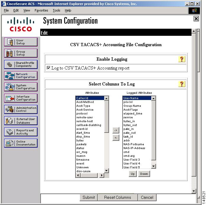 Identifying the TACACS+ Server Host on the GSS Chapter 4 Figure 4-9 CSV TACACS+ Accounting File Logging Page of Cisco Secure ACS 2. Check the Log to CSV TACACS+ Accounting report check box. 3.