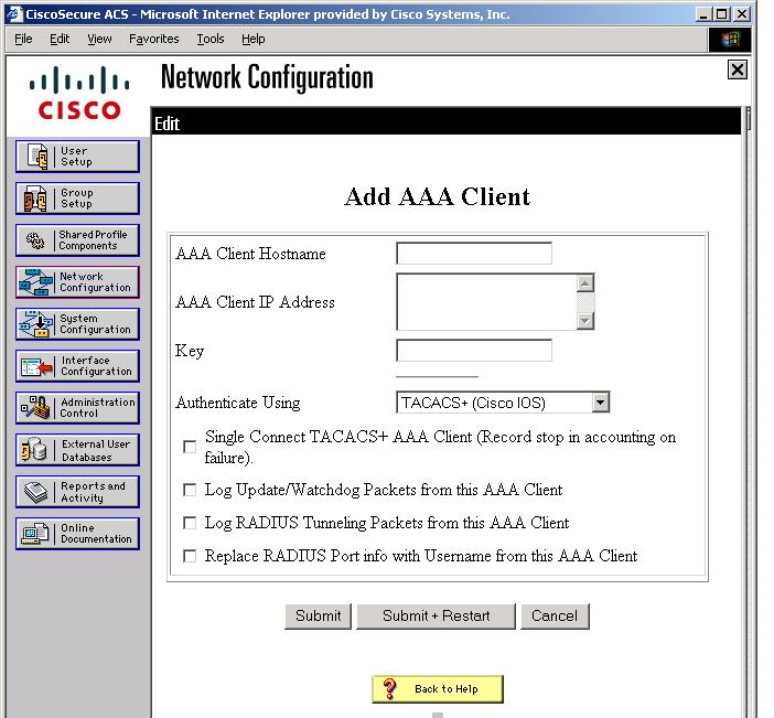 Chapter 4 Configuring a TACACS+ Server for Use with the GSS Figure 4-2 Add AAA Client Page of Cisco Secure ACS 2.