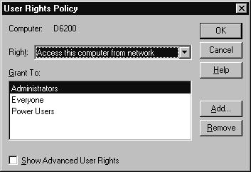 4 From pull-down menu in the Right field, select Act as part of the operating system, and click Add. The Add Users and Groups window opens.