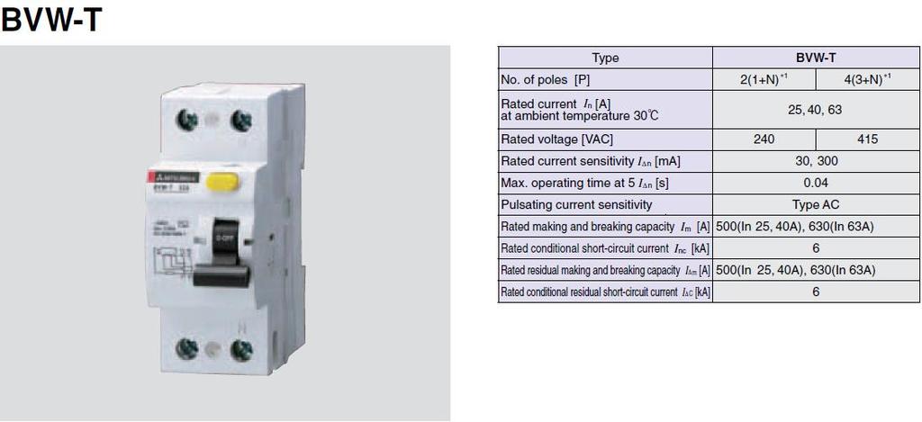Characteristics and Dimensions Residual Current Circuit Breakers (RCCB) 1: N pole is a switched