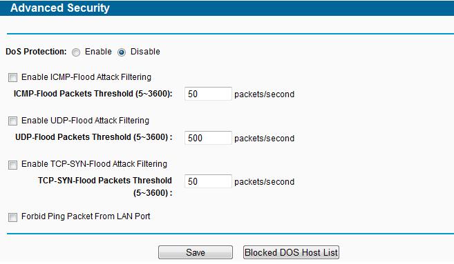 Figure 4-68 Advanced Security DoS Protection - Denial of Service protection. Check the Enable or Disable button to enable or disable the DoS protection function.