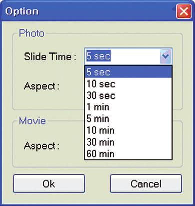 7. Set the start and end times between 00:00 and 23:59. 8. Click Option to adjust the slide time interval and the aspect ratio. 9. Select one of the options in the Slide Time drop-down list.