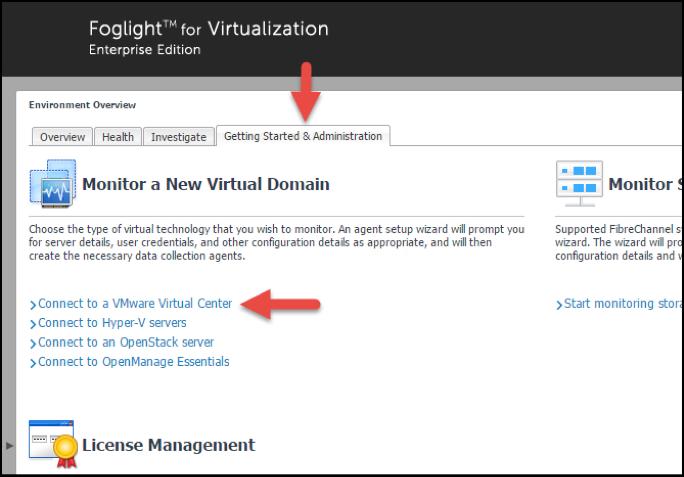 Figure 18. Select the Getting Started & Administration tab, and then click Connect to a VMware Virtual Center. 2.