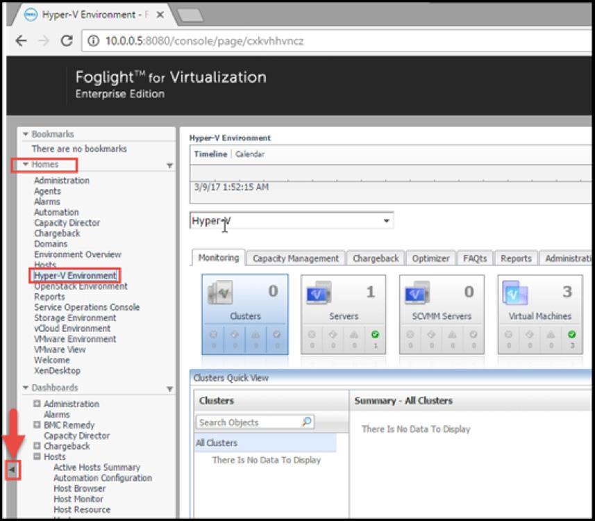 Once the agent setup has been successful, click the Hyper-V Environment option under the Homes tab of the Foglight management GUI (see Figure 38).