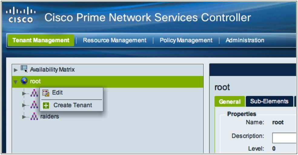 Define Tenants Log into Cisco Prime Network Services Controller and select the Tenant Management tab. Right-click the root node and create a tenant (Figure 14). Figure 14.