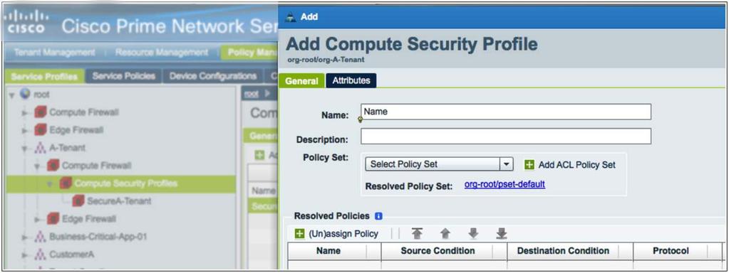 Navigate to Policy Management > Service Profiles > Tenant > Compute Firewall > Compute Security Profiles. Select Add to add a new security profile (Figure 18). Figure 18.