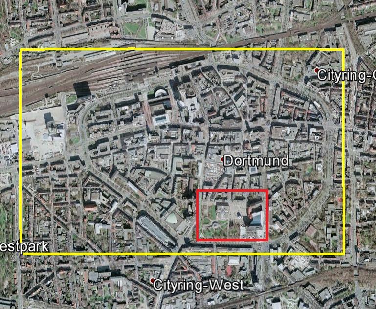 AREA 1 - City center (Dortmund, Germany) OBLIQUE SYSTEM IGI PentaCam (80/80%), GSD 10cm 1260 images (yellow area) UAV (3 selected buildings)