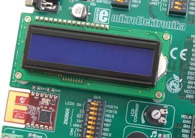 Switch LCD-BCK on the DIP switch SW3 is used to turn the display backlight on/off. Communication between the LCD and the microcontroller is performed in a 4-bit mode.