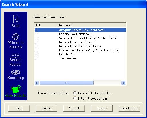Step 6. On the Search Wizard screen, an Infobase pane displays a list of the infobases searched and the number of hits per infobase.