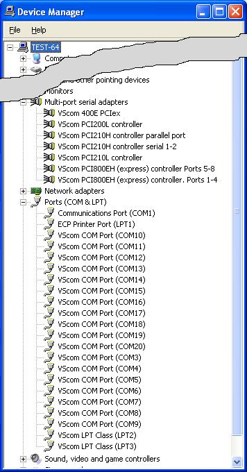 4 Windows Driver Figure 12: Cards and Ports in Device Manager Shown here are the data of some serial and parallel VScom cards in the Device Manager.