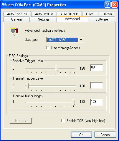 4 Windows Driver VScom Advanced Port Settings The Microsoft driver for Com1/2 provides some control of FIFO configuration. The Advanced Settings are for similar purposes, but with extended functions.