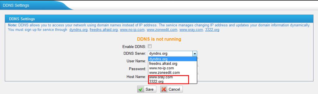 2. Supports DDNS Server www.oray.com and 3322.org. Path: PBX Extensions NeoGate Provisioning You can sign up for service through www.oray.com and 3322.org, then take the account to configure in MyPBX DDNS Settings.
