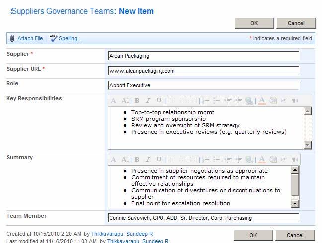 Abbott Laboratories (GPO IT) Supplier Management SRM Suppliers and Governance Teams The Suppliers Governance Teams : New Item page is
