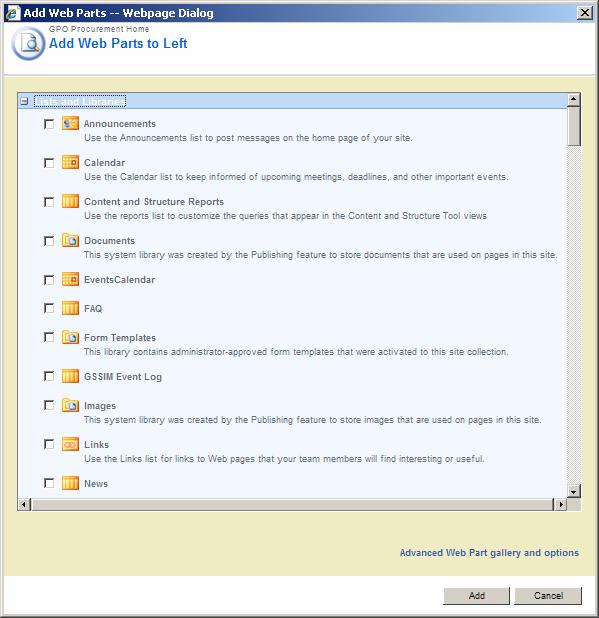 Abbott Laboratories (GPO IT) Web Parts The Add Web Parts Webpage Dialogue box contains all of the available web parts.