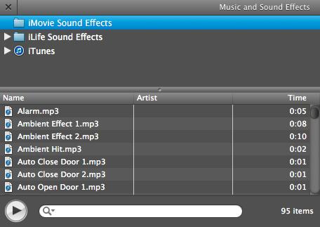 Music and Sound Effects Note - You must have your head phone in order to use music and sound effects in class! Choose between imovie Sound Effects, ilife Sound Effects, and itunes.