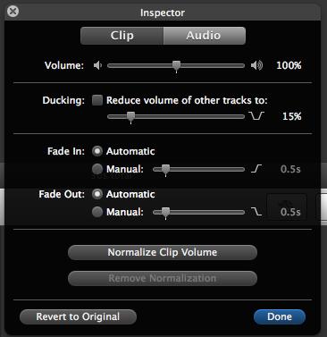 Clip Volume (fast way to adjust clip volume without distorting sound) Revert to Original To move the clip once it is place, click and drag inside the green