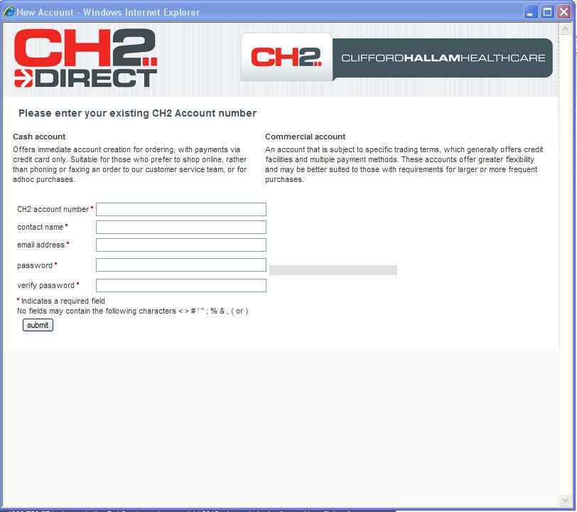 Enable an Existing Commercial Account Customers who currently have a commercial account with CH2 can create a CH2 Direct login and place orders online.
