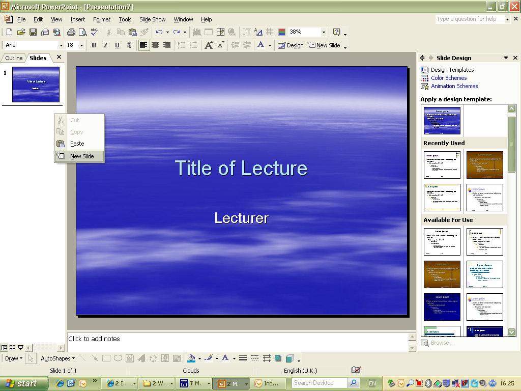 Creating a new Presentation Open PowerPoint and from the list on the right choose New Presentation From Design Template. A gallery of available templates is displayed on the right.