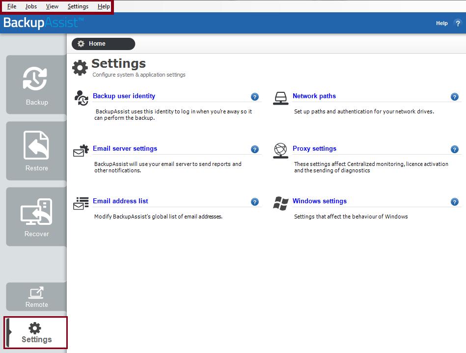 1. Introduction BackupAssist s main menu contains useful tools, and settings that apply to the application as a whole.