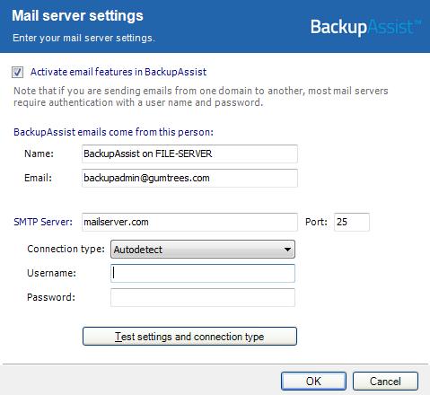 Email server settings BackupAssist can email backup reports after a backup job has been run. To send these emails, BackupAssist must be provided with the details of an SMTP mail server.