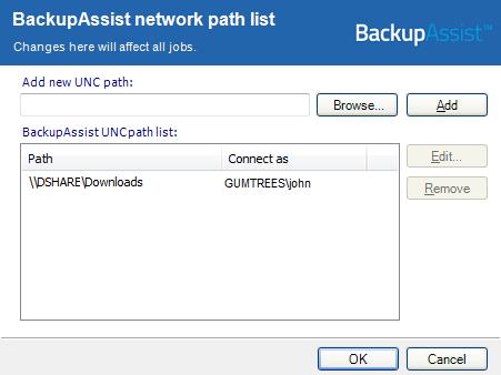 Network paths This option allows you to provide access credentials to networks, domains and drives that the default account (Backup user identity) does not have access to.