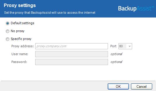 Proxy settings This option is used to configure proxy settings so that BackupAssist can access the internet for tasks such as posting Centralized Monitoring reports, license activation and sending
