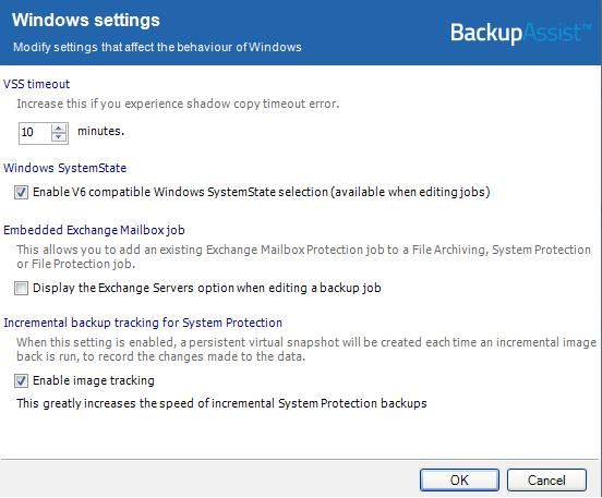 Windows settings The Windows settings screen allows you to manage a selection of BackupAssist settings specific to Windows.