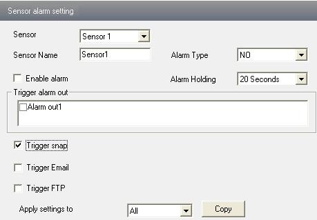 2. Select the sensor at the Sensor pull down list and set the sensor name and alarm type: NO and NC. 3. Enable alarm and select alarm holding time. 4.