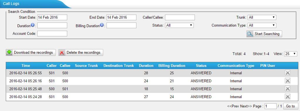 Search You can search and filter call data by specifying the call date, caller/callee, trunk, duration, billing duration, status, and communication type.