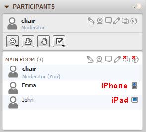 The Participants List The Moderator has a clear indication of which participants are connected to the session through a mobile device: icons appear in the Participants List distinguishing between