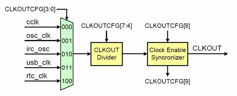 Clocks that may be observed via CLKOUT are the CPU clock, the main oscillator, the internal RC oscillator, the USB clock, and the RTC clock.