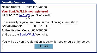 3. On the System > Status page, in the Security Services section, click the Register link in Your SonicWALL is not registered. Click here to Register your SonicWALL. 4. In the mysonicwall.