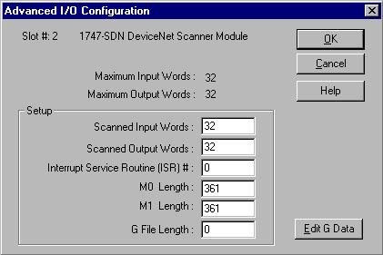 1747-SDN DeviceNet Scanner Module 15 5. Set the MO Length and the M1 Length to 256 (no pass-through) or 361 (for pass-through) as shown above. 6. Click on the OK button. 7.