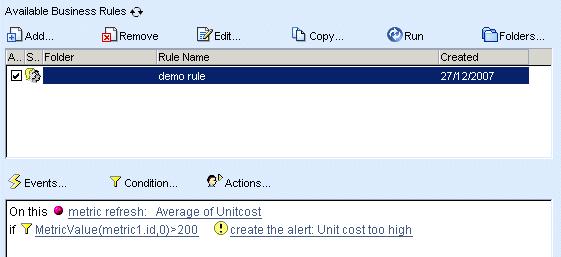 Creating Rules and Alerts 6 Lesson 11: Create a rule The rule you created, "demo rule", appears in the list of available business