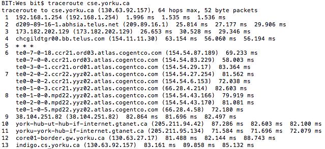 Traceroute Example: Home to CSE Home Telus ISP Cogent ISP York CSE CSE 3213, W13 L4: App Layer & IP Utilities 7 More ICMP Examples Type 0 & 8: Echo & Echo Reply Used to see if a destination is alive,