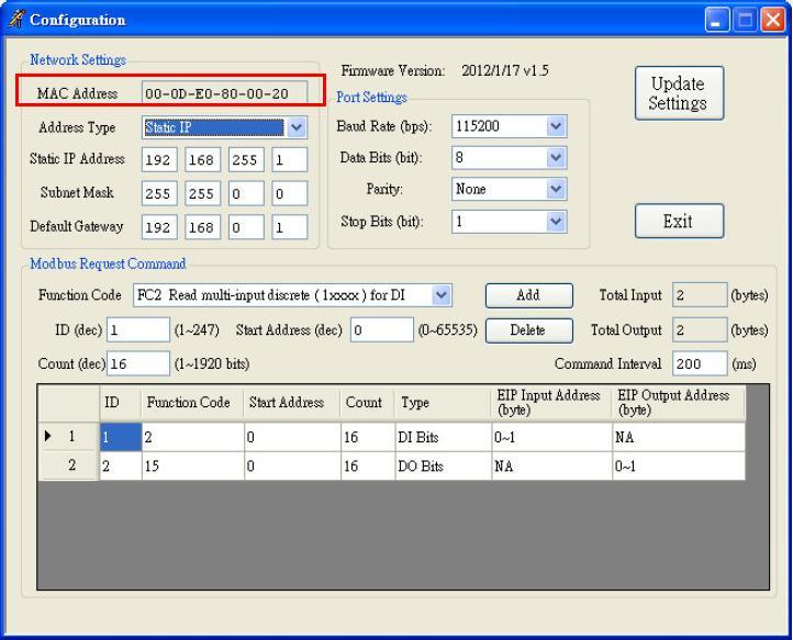 x GW-7472 Utility configuration window to find out your MAC address on the top of Network Settings.